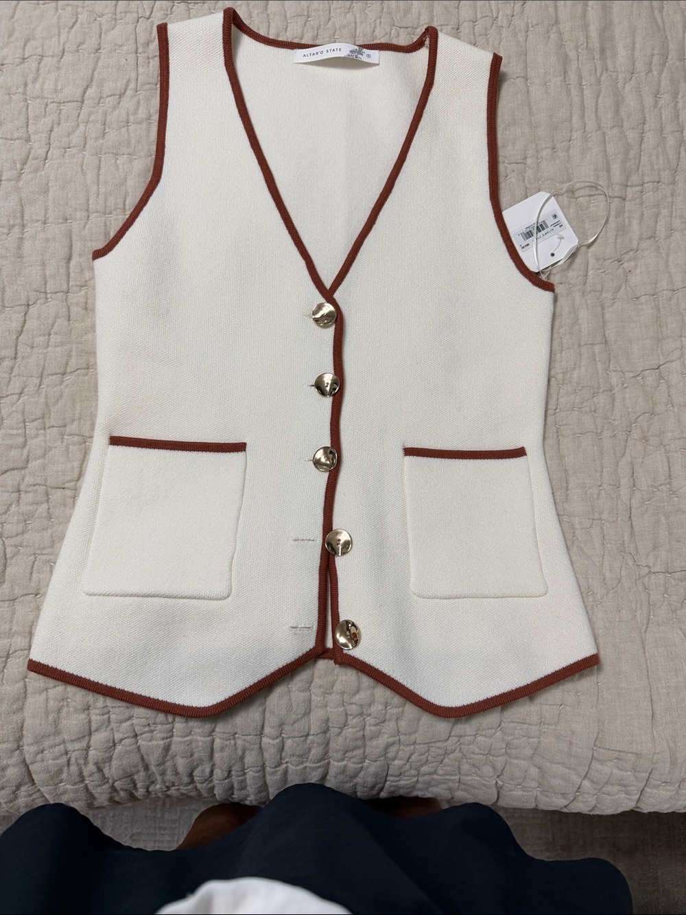 Altar'd State Cream Knit Vest with Rust Trim and Gold Buttons